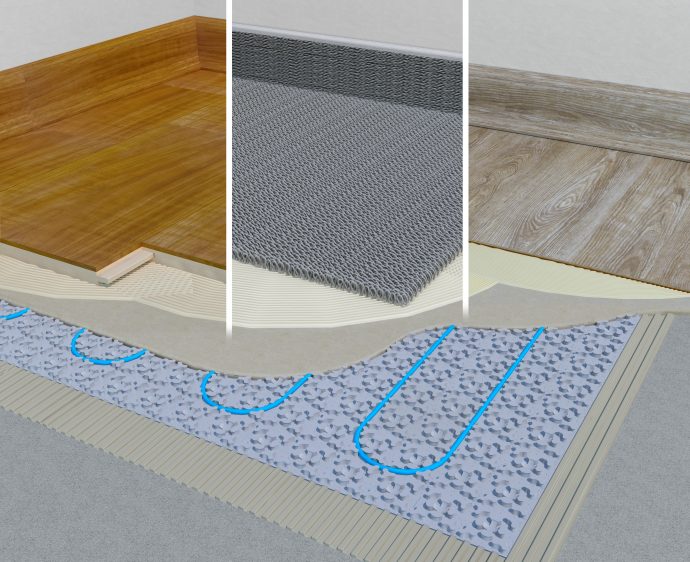 Elektriskās siltās grīdas paklājs IndorTec THERME-E grīdām ar flīžu vai akmens, elastīgiem vai tekstila, kā arī ar lamināta vai daudzslāņu parketa segumiem.