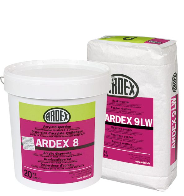Balta divkomponenta hidroizolācija ARDEX 8+9 LW sienu un grīdu konstrukciju hidroizolācijai zem keramikas flīzēm vai plāksnēm telpās un āra apstākļiem