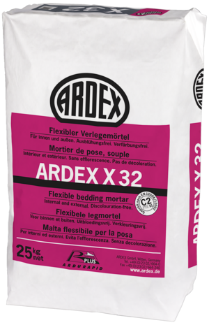 Elastīgā līme akmenim ARDEX X32 ātri žūstoša ar ARDURAPID-PLUS effektu pagarinātu līmes atvērto laiku, bez noslīdēšanas iekštelpām un āra darbiem